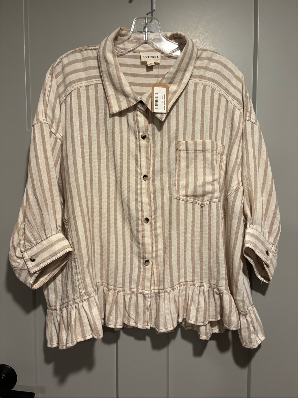 Women’s Beige Stripe Ruffle-Hem Button Front Top